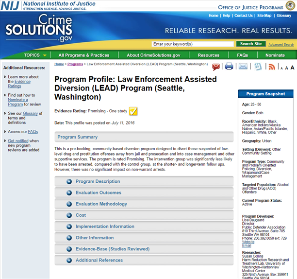 Law Enforcement Assisted Diversion (LEAD) Program (Seattle, Washington